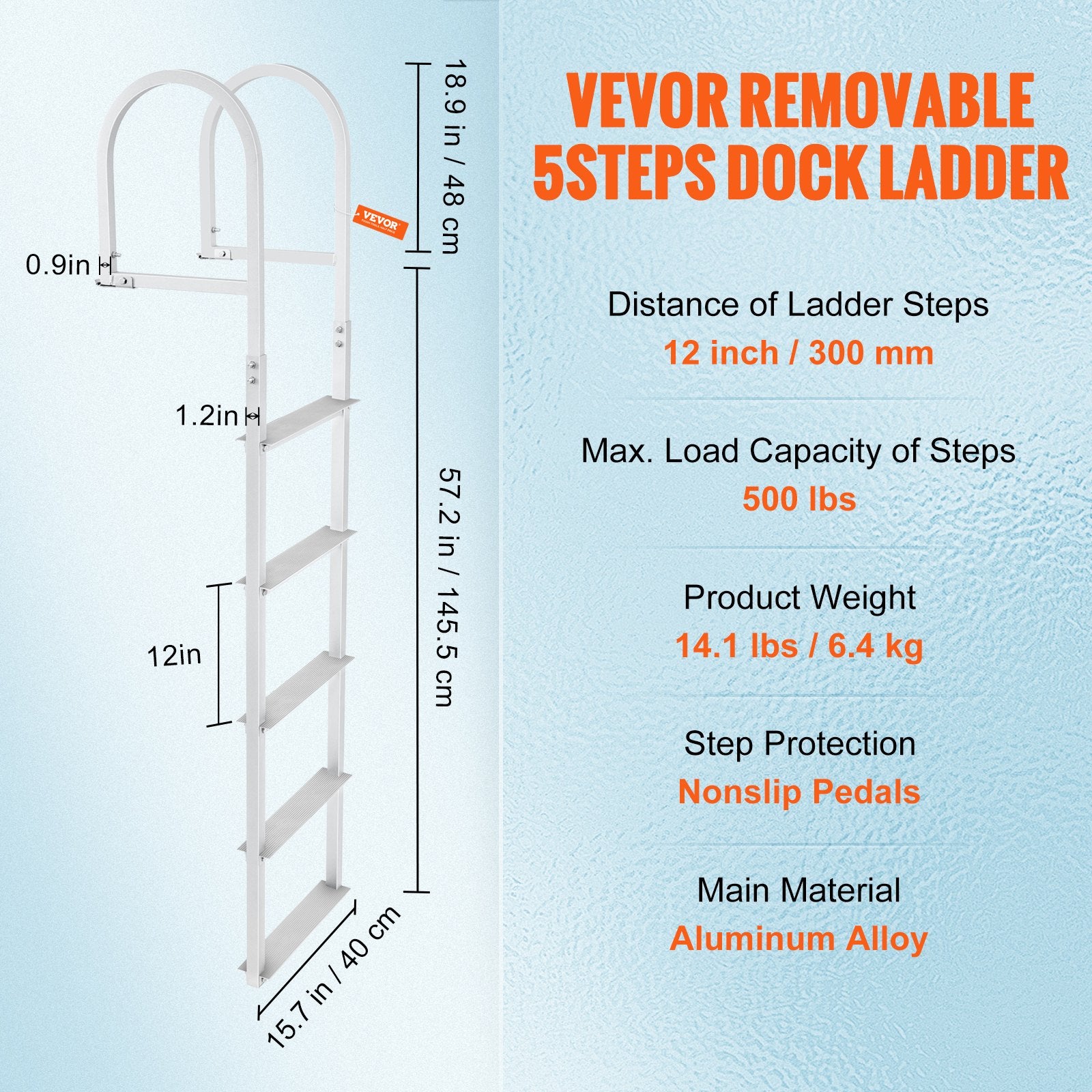 Boating Accessories: VEVOR Dock Ladder, Removable 5 Steps, 227 kgs Load Capacity, Aluminum Alloy Pontoon Boat Ladder with 3.1'' Wide Step & Nonslip Rubber Mat, Easy to Install for Ship/Lake/Pool/Marine Boarding