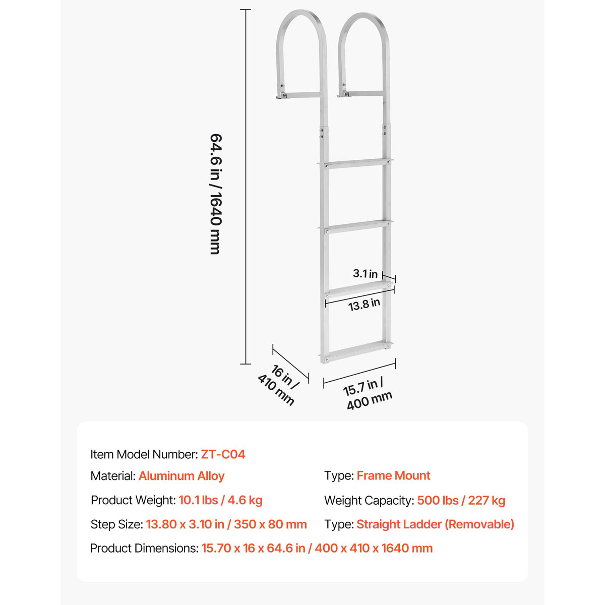 Removable Dock Ladder, 4 Steps, Aluminum Alloy Pontoon Boat Swim Ladder, with Non-Slip Wide Steps, 227 kg Weight Capacity, Quick Release Design, for Lake Swimming, Pool, Boat, Marine Boarding