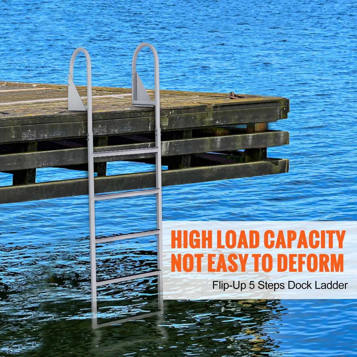 Dock Ladder, Flip-Up 5 Steps, 350 lbs Load Capacity, Aluminum Alloy Pontoon Boat Ladder with 2'' Wide Step & Nonslip Rubber Mat, Easy to Install for Ship/Lake/Pool/Marine Boarding