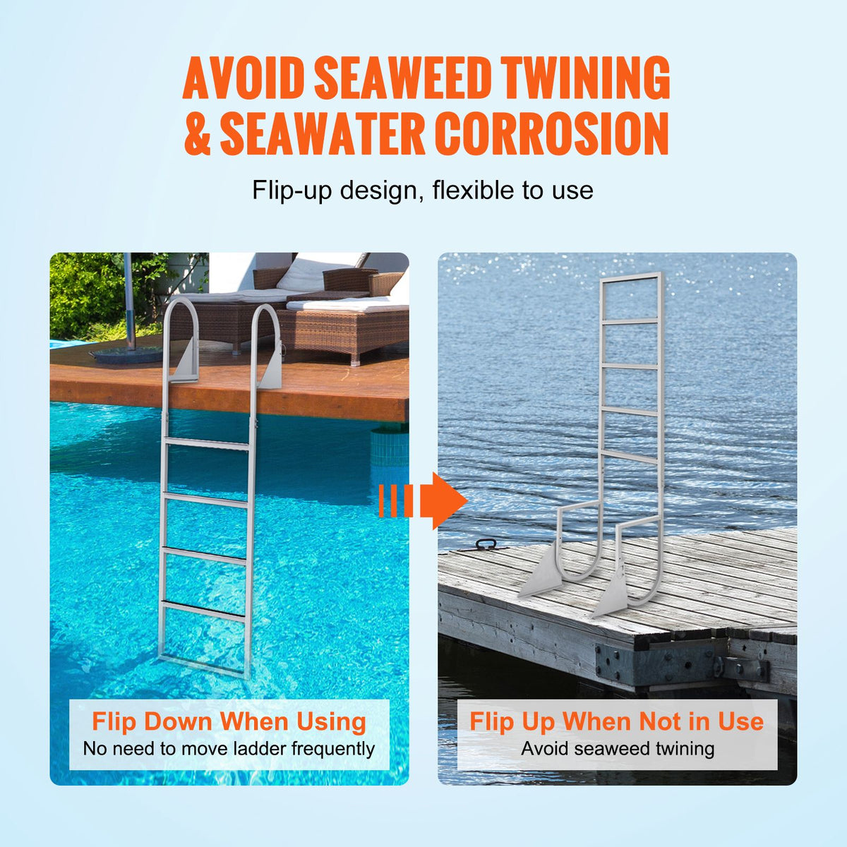 Dock Ladder, Flip-Up 5 Steps, 350 lbs Load Capacity, Aluminum Alloy Pontoon Boat Ladder with 2'' Wide Step & Nonslip Rubber Mat, Easy to Install for Ship/Lake/Pool/Marine Boarding