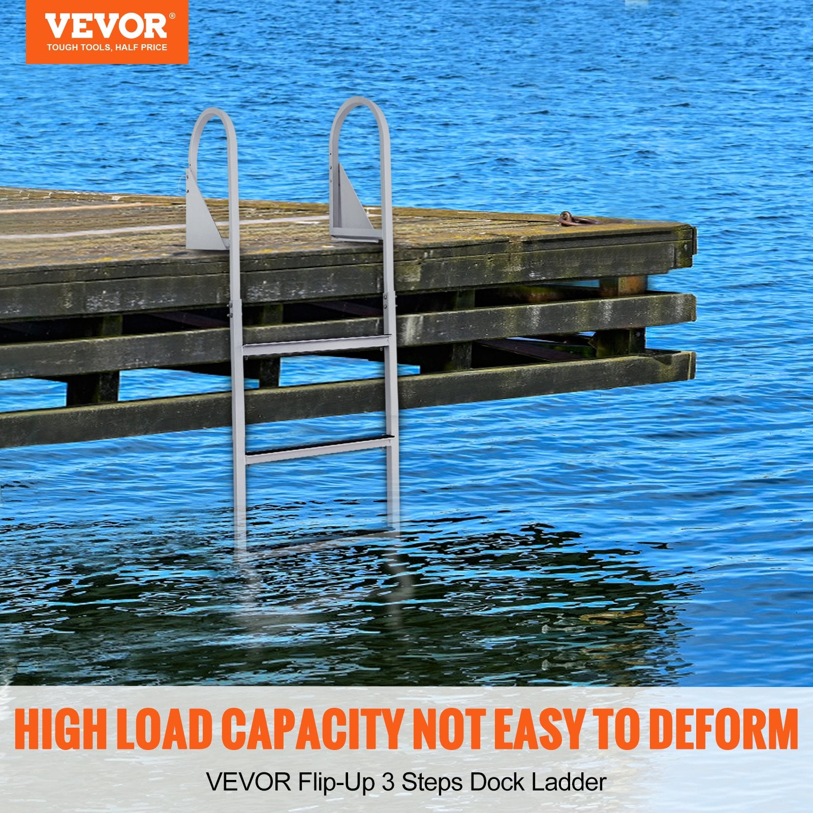 Ladders & Scaffolding: VEVOR Dock Ladder, Flip-Up 3 Steps, 159 kg Load Capacity, Aluminum Alloy Pontoon Boat Ladder with 50.8 mm Wide Step & Nonslip Rubber Mat, Easy to Install for Ship/Lake/Pool/Marine Boarding