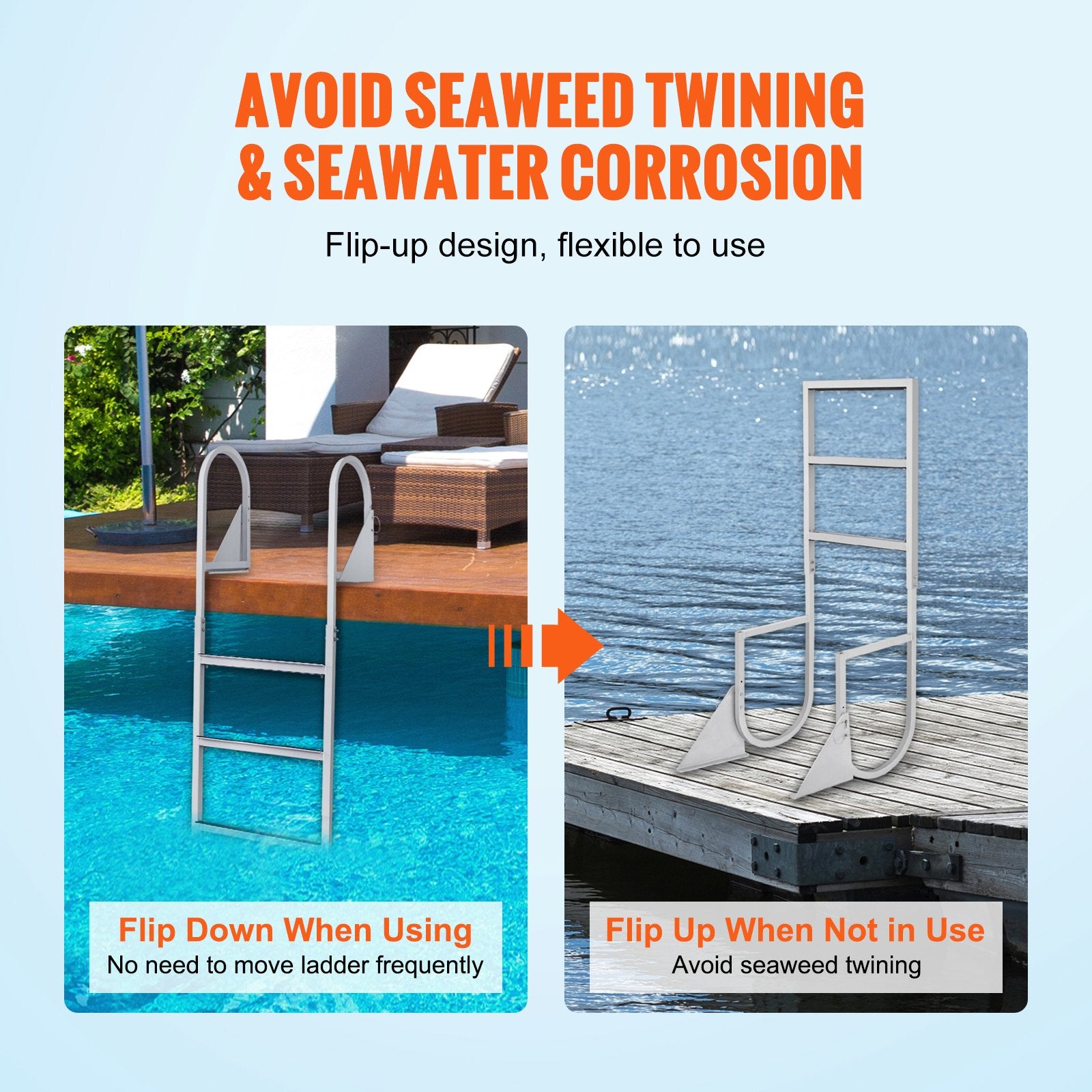 Ladders & Scaffolding: VEVOR Dock Ladder, Flip-Up 3 Steps, 159 kg Load Capacity, Aluminum Alloy Pontoon Boat Ladder with 50.8 mm Wide Step & Nonslip Rubber Mat, Easy to Install for Ship/Lake/Pool/Marine Boarding