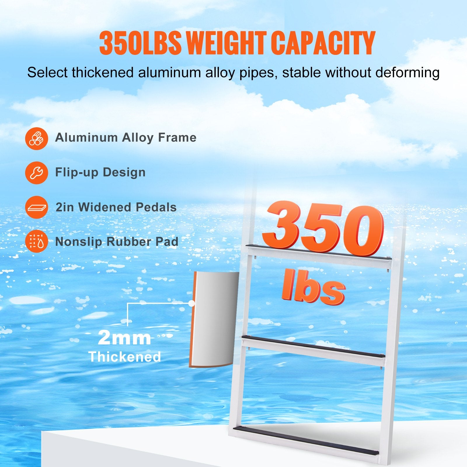 Ladders & Scaffolding: VEVOR Dock Ladder, Flip-Up 3 Steps, 159 kg Load Capacity, Aluminum Alloy Pontoon Boat Ladder with 50.8 mm Wide Step & Nonslip Rubber Mat, Easy to Install for Ship/Lake/Pool/Marine Boarding