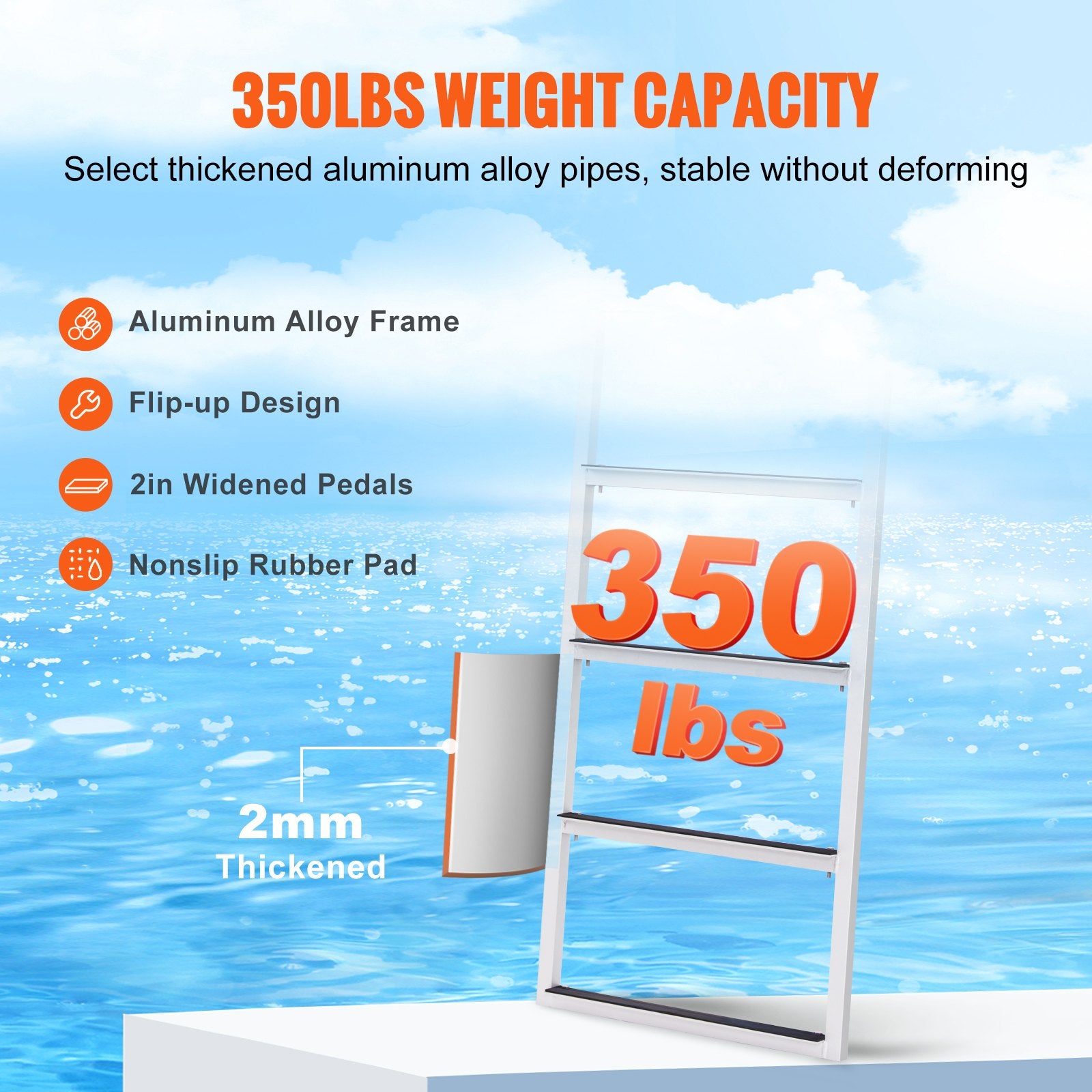 Boating Accessories: VEVOR Dock Ladder, Flip-Up 4 Steps, 159 kg Load Capacity, Aluminum Alloy Pontoon Boat Ladder with 50.8 mm Wide Step & Nonslip Rubber Mat, Easy to Install for Ship/Lake/Pool/Marine Boarding