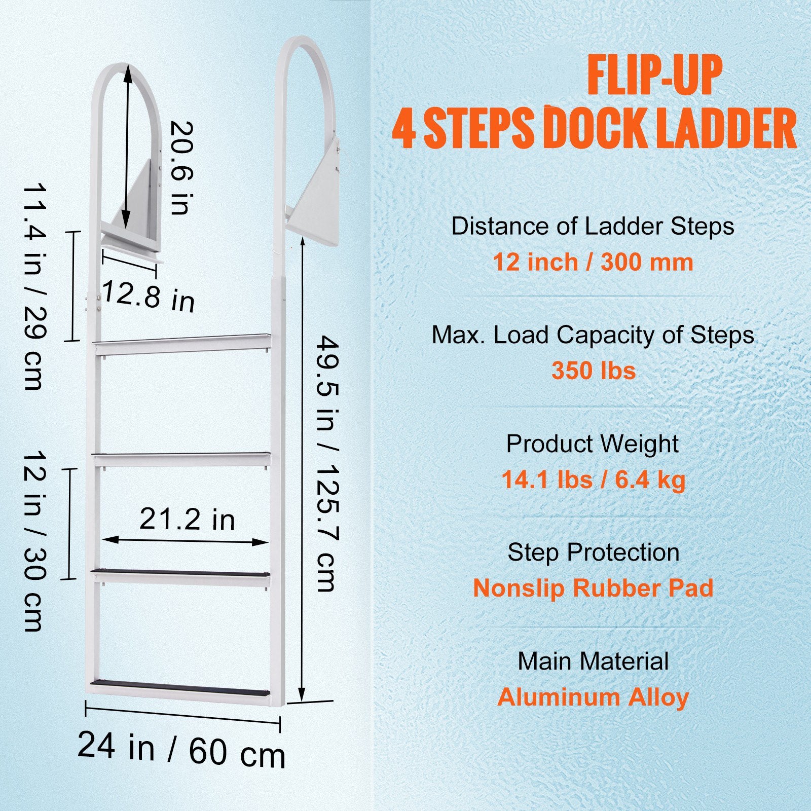 Boating Accessories: VEVOR Dock Ladder, Flip-Up 4 Steps, 159 kg Load Capacity, Aluminum Alloy Pontoon Boat Ladder with 50.8 mm Wide Step & Nonslip Rubber Mat, Easy to Install for Ship/Lake/Pool/Marine Boarding
