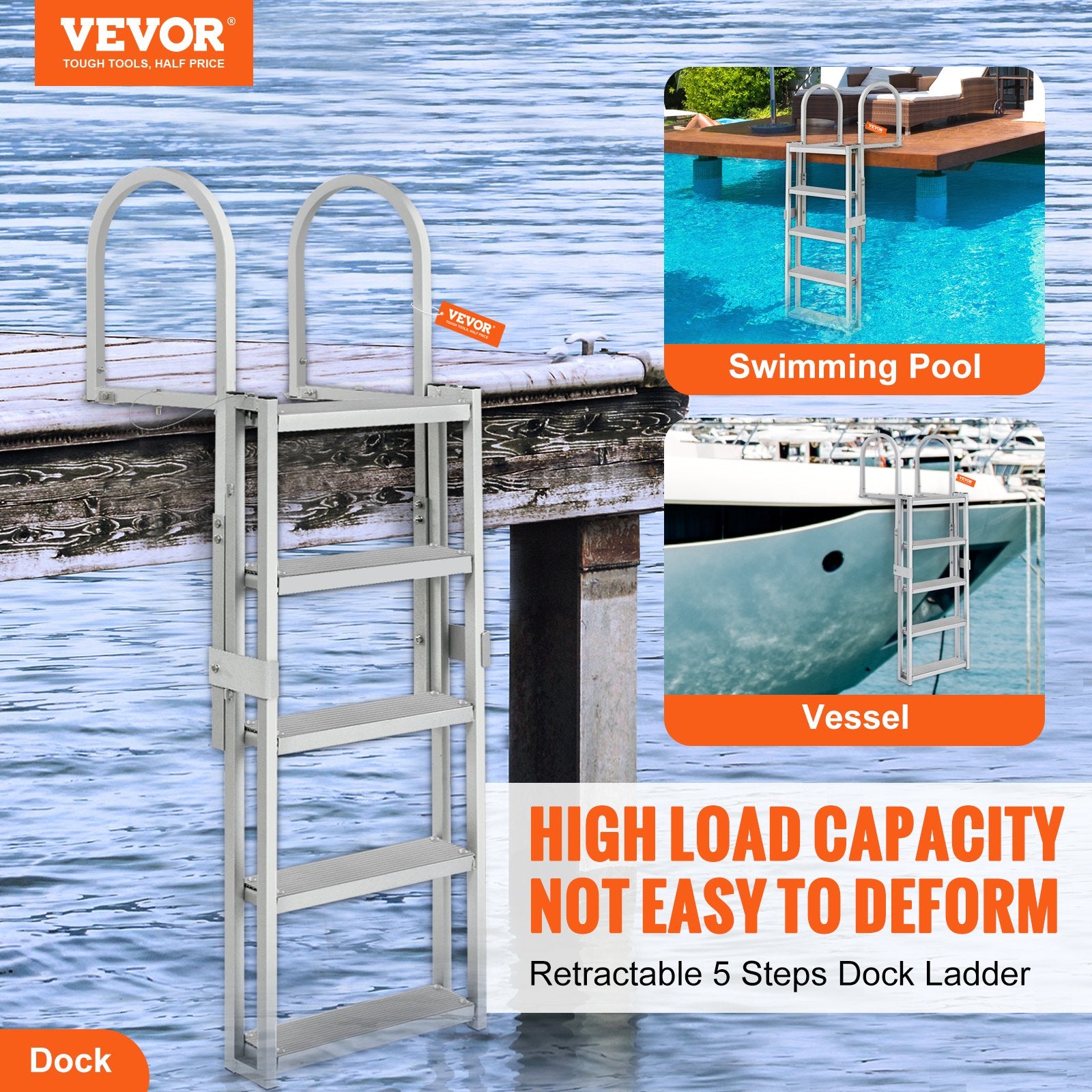 Boating Accessories: VEVOR Dock Ladder, Retractable 5 Steps, 350 lbs Load Capacity, Aluminum Alloy Pontoon Boat Ladder with 66.9''-78.9'' Adjustable Height, 4'' Wide Step & Mat, for Ship/Lake/Pool/Marine Boarding