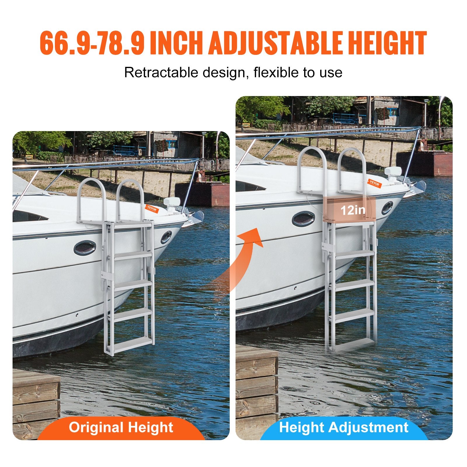 Boating Accessories: VEVOR Dock Ladder, Retractable 5 Steps, 350 lbs Load Capacity, Aluminum Alloy Pontoon Boat Ladder with 66.9''-78.9'' Adjustable Height, 4'' Wide Step & Mat, for Ship/Lake/Pool/Marine Boarding