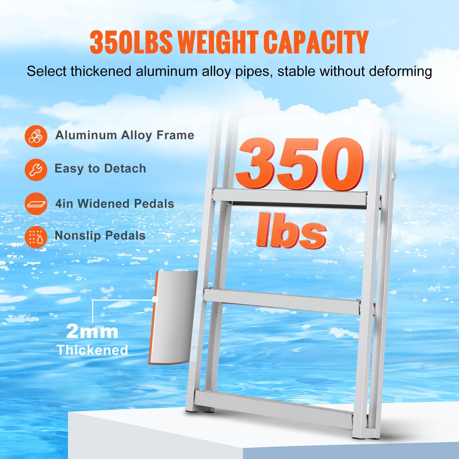 Boating Accessories: VEVOR Dock Ladder, Retractable 5 Steps, 350 lbs Load Capacity, Aluminum Alloy Pontoon Boat Ladder with 66.9''-78.9'' Adjustable Height, 4'' Wide Step & Mat, for Ship/Lake/Pool/Marine Boarding