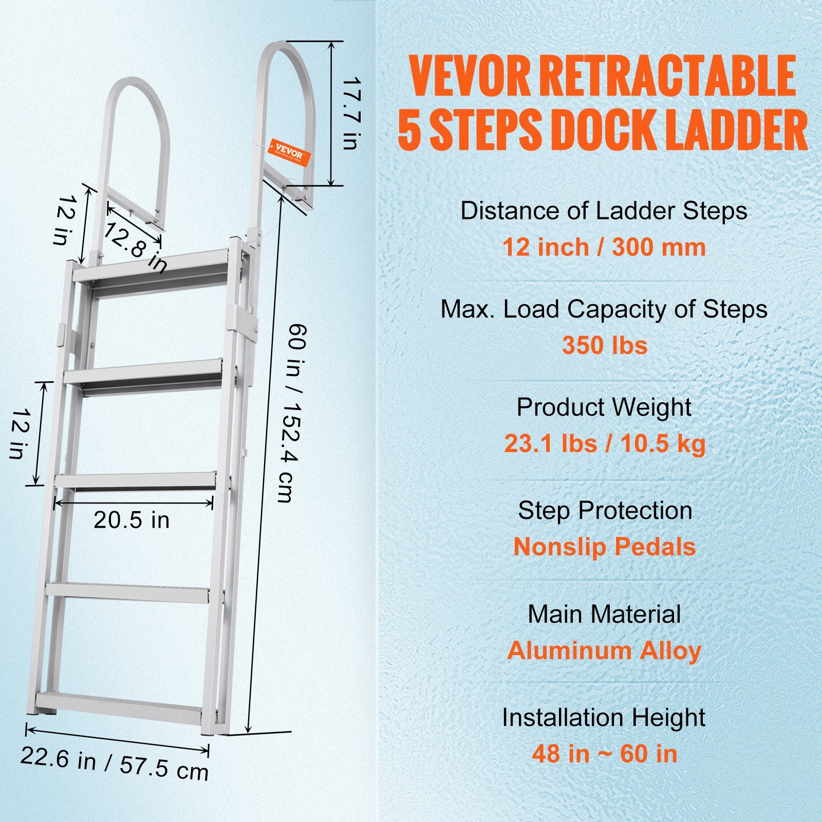 Boating Accessories: VEVOR Dock Ladder, Retractable 5 Steps, 350 lbs Load Capacity, Aluminum Alloy Pontoon Boat Ladder with 66.9''-78.9'' Adjustable Height, 4'' Wide Step & Mat, for Ship/Lake/Pool/Marine Boarding