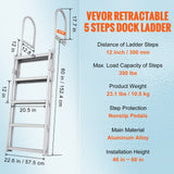 Boating Accessories: VEVOR Dock Ladder, Retractable 5 Steps, 350 lbs Load Capacity, Aluminum Alloy Pontoon Boat Ladder with 66.9''-78.9'' Adjustable Height, 4'' Wide Step & Mat, for Ship/Lake/Pool/Marine Boarding