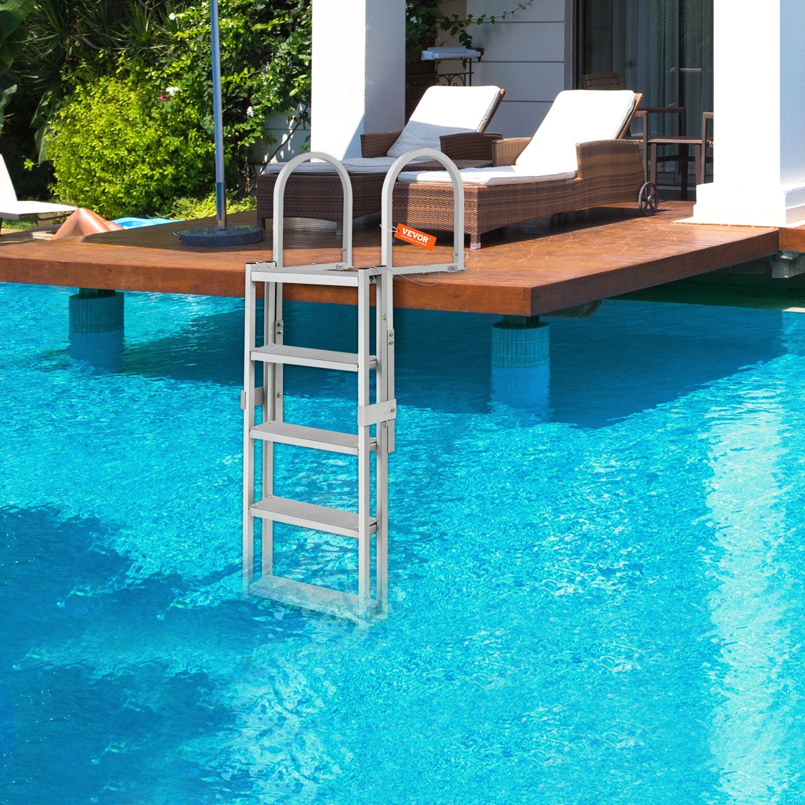 Boating Accessories: VEVOR Dock Ladder, Retractable 5 Steps, 350 lbs Load Capacity, Aluminum Alloy Pontoon Boat Ladder with 66.9''-78.9'' Adjustable Height, 4'' Wide Step & Mat, for Ship/Lake/Pool/Marine Boarding
