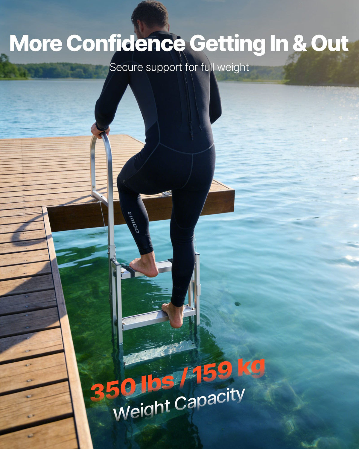 Retractable Dock Ladder, 5 Steps, Aluminum Alloy Pontoon Boat Swim Ladder, with Non-Slip Wide Steps, 159 kg Weight Capacity, Adjustable Height, for Lake Swimming, Pool, Boat, Marine Boarding