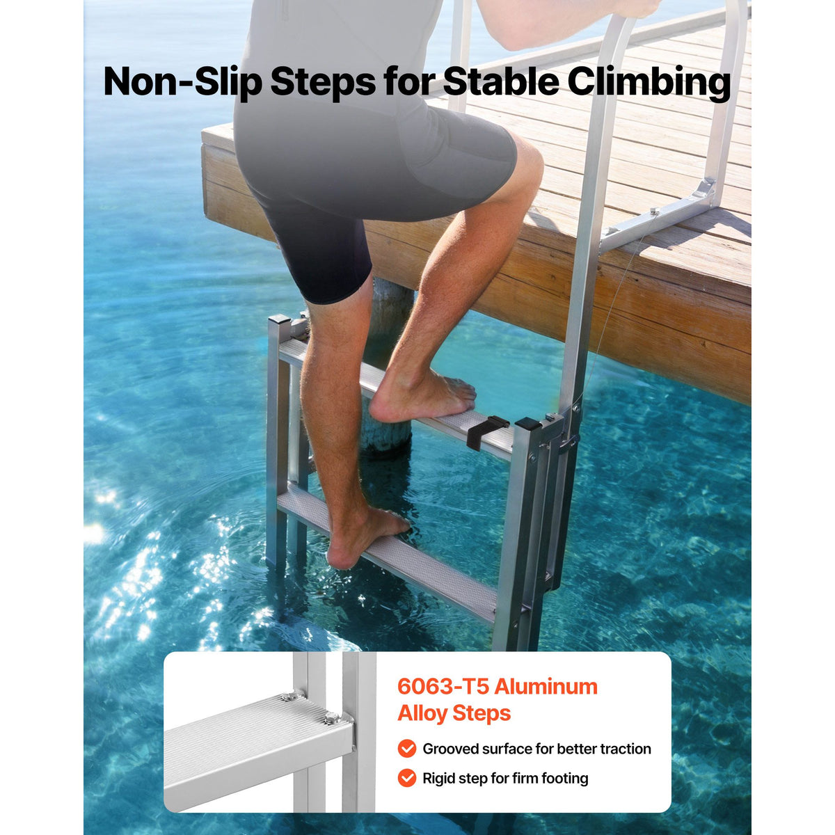 Retractable Dock Ladder, 5 Steps, Aluminum Alloy Pontoon Boat Swim Ladder, with Non-Slip Wide Steps, 159 kg Weight Capacity, Adjustable Height, for Lake Swimming, Pool, Boat, Marine Boarding