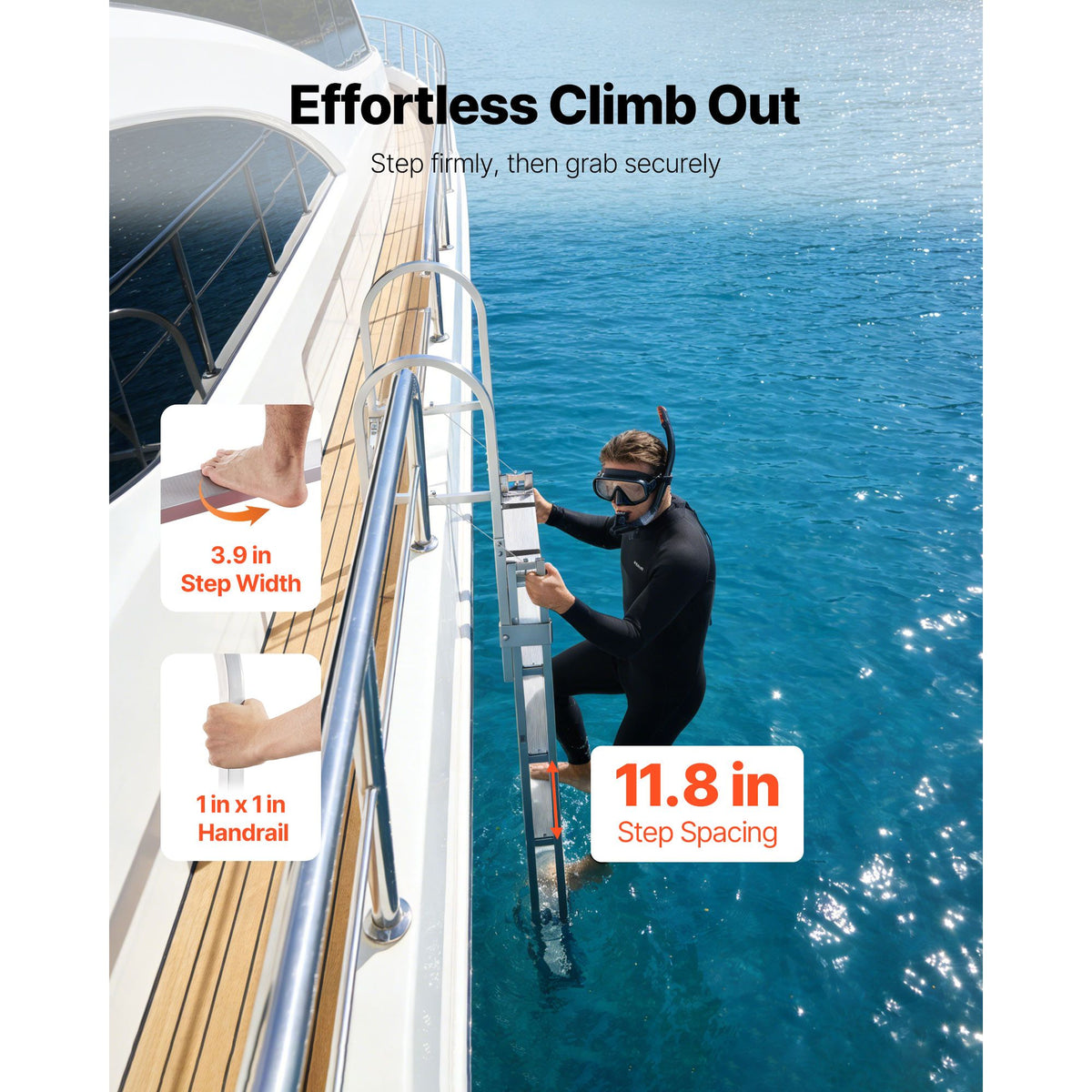 Retractable Dock Ladder, 5 Steps, Aluminum Alloy Pontoon Boat Swim Ladder, with Non-Slip Wide Steps, 159 kg Weight Capacity, Adjustable Height, for Lake Swimming, Pool, Boat, Marine Boarding