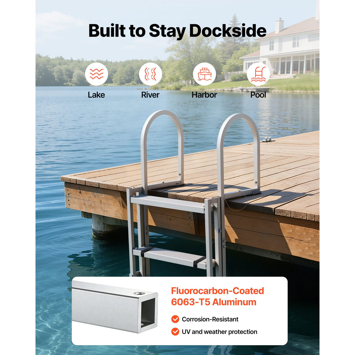 Retractable Dock Ladder, 5 Steps, Aluminum Alloy Pontoon Boat Swim Ladder, with Non-Slip Wide Steps, 159 kg Weight Capacity, Adjustable Height, for Lake Swimming, Pool, Boat, Marine Boarding