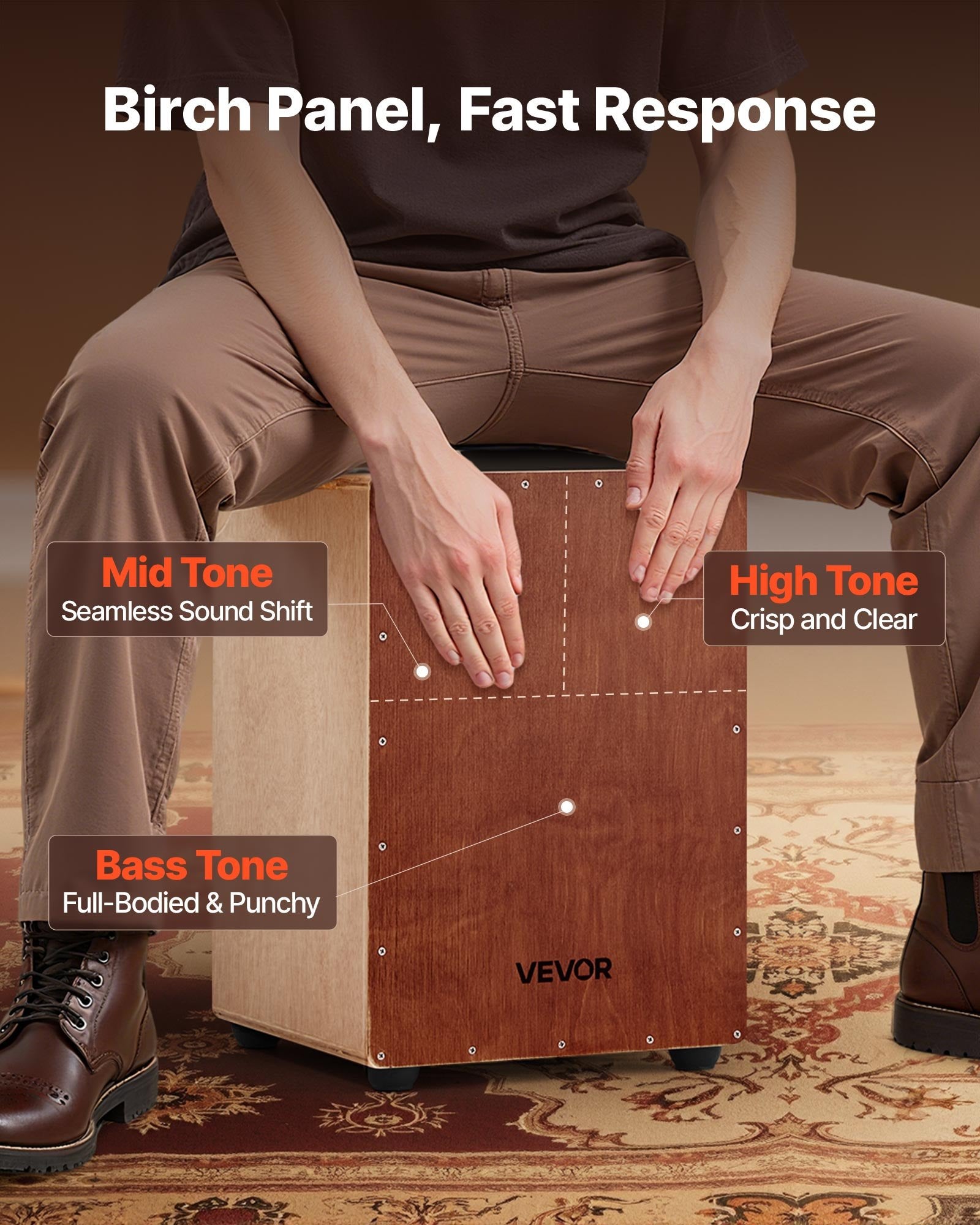 Drums: VEVOR Cajon Box Drum, with Internal Snare Wires, Lightweight Wooden Percussion Box, Portable Birch Wood Drum Musical Instrument with Silicone Feet, for Beginners and Professionals, 305 x 305 x 430 mm