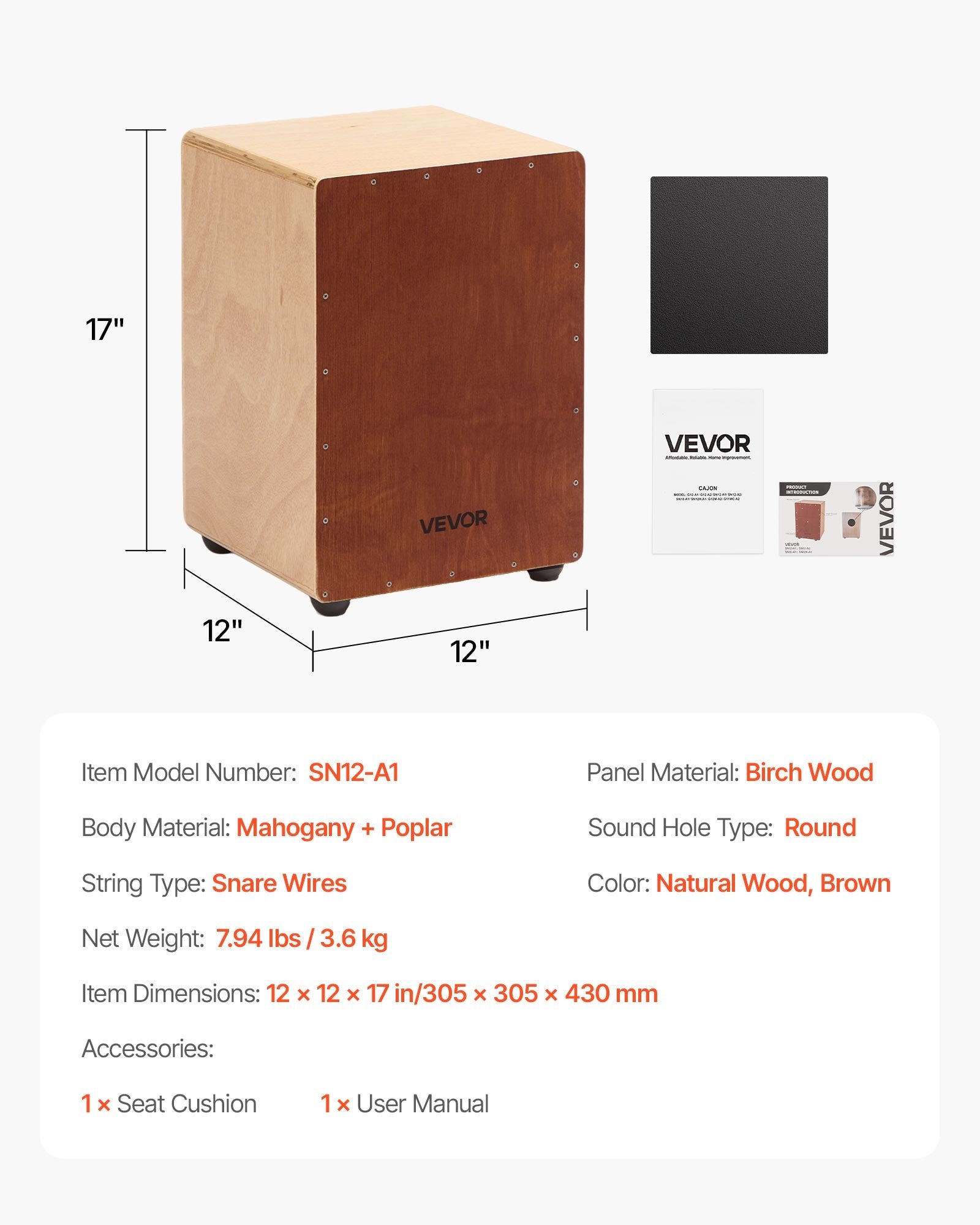 Drums: VEVOR Cajon Box Drum, with Internal Snare Wires, Lightweight Wooden Percussion Box, Portable Birch Wood Drum Musical Instrument with Silicone Feet, for Beginners and Professionals, 305 x 305 x 430 mm