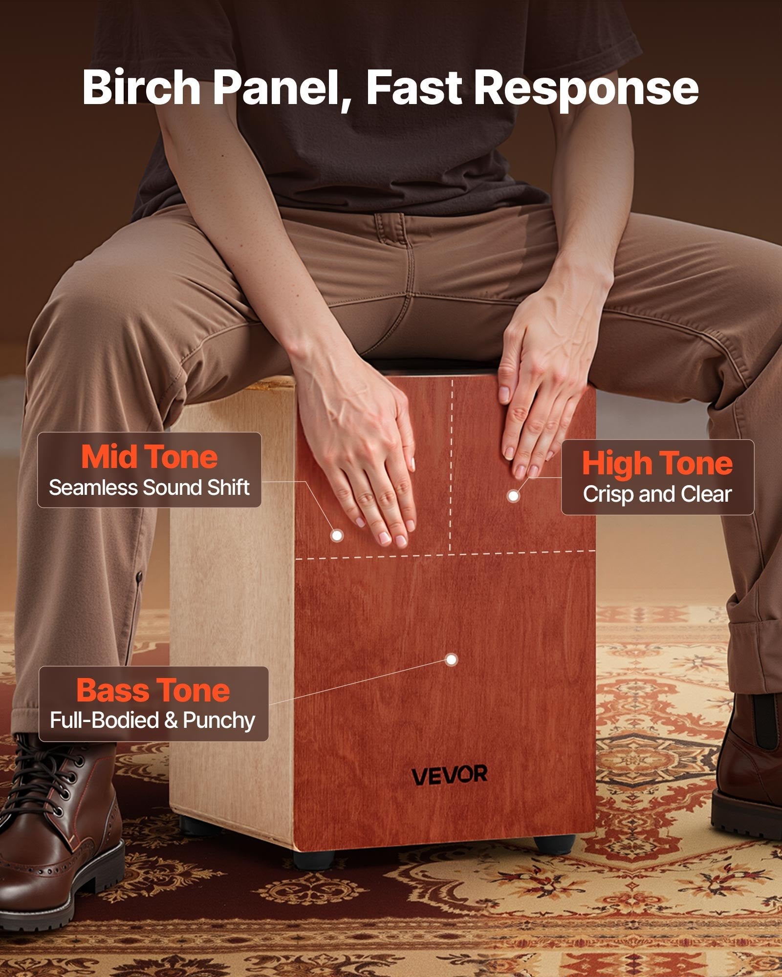 Cajon Box Drum, with Internal Guitar Strings, Lightweight Wooden Percussion Box, Portable Birch Wood Drum Musical Instrument with Silicone Feet, for Beginner & Professional, 305 x 305 x 430 mm