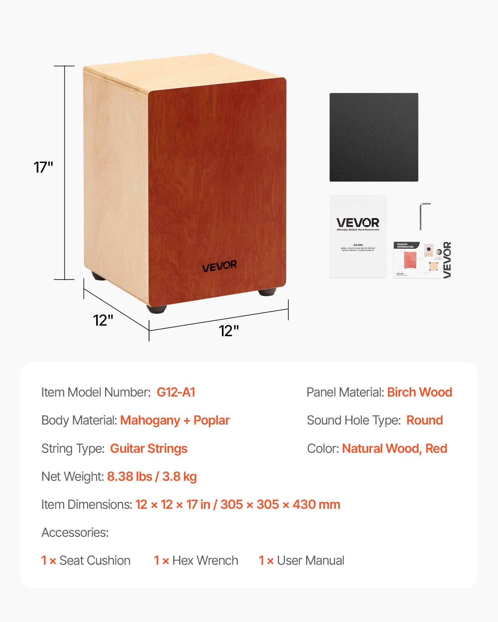 Cajon Box Drum, with Internal Guitar Strings, Lightweight Wooden Percussion Box, Portable Birch Wood Drum Musical Instrument with Silicone Feet, for Beginner & Professional, 305 x 305 x 430 mm