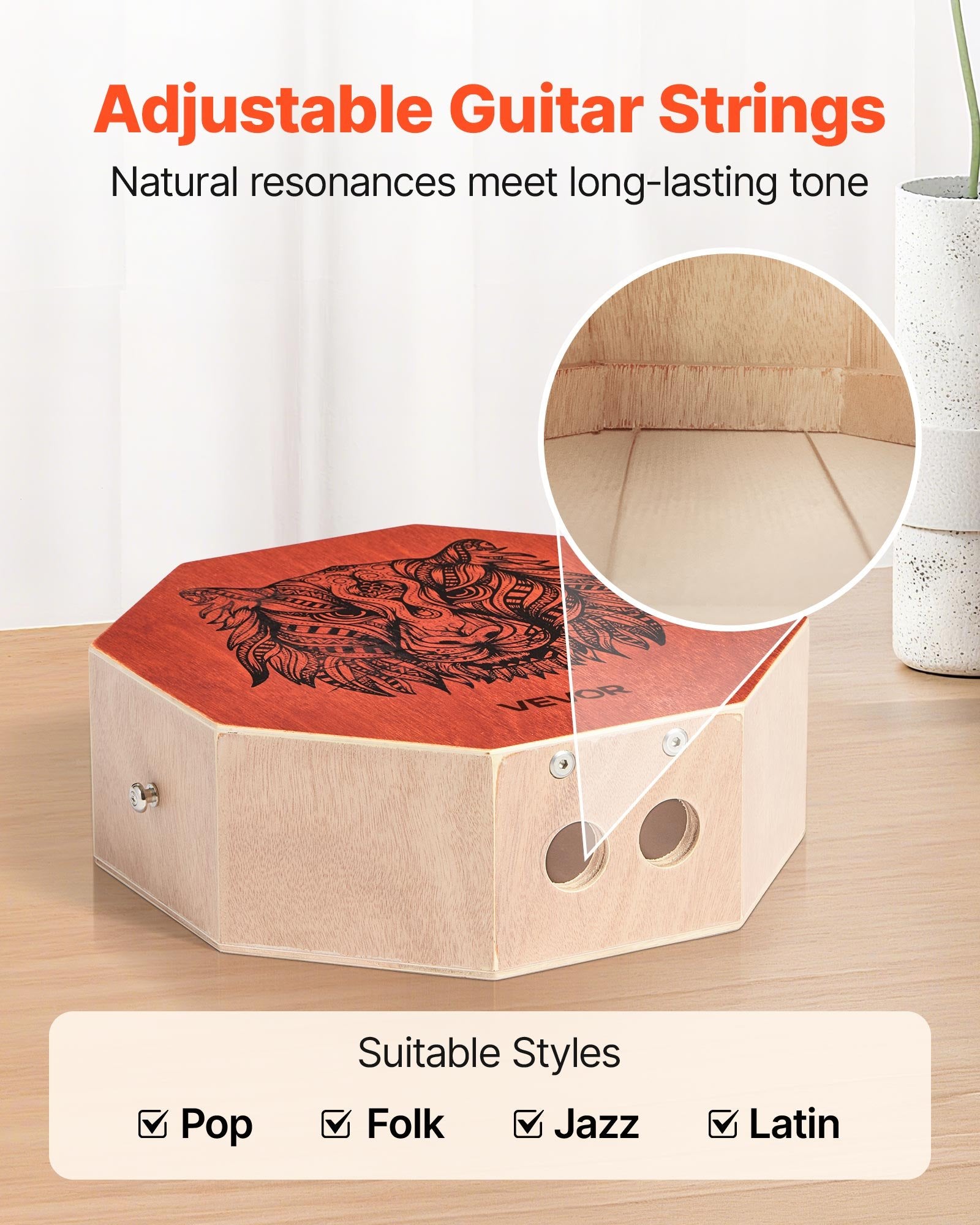 Drums: VEVOR Unique Cajon Box Drum, with Internal  Guitar Strings, Portable Wooden Percussion Box, Birch Wood Drum Musical Instrument with Adjustable Strap, for Beginners & Professionals, 295 x 295 x 100 mm