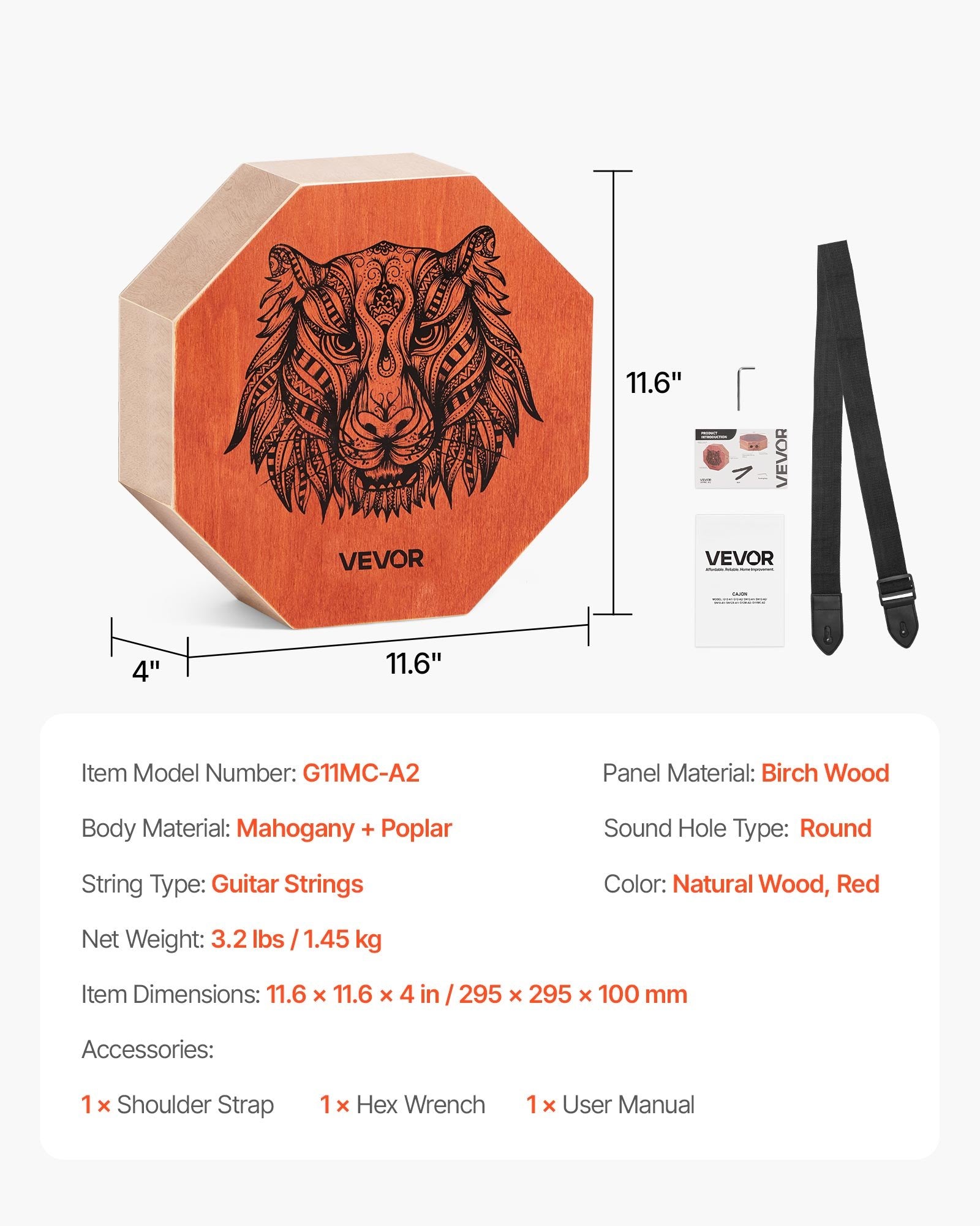 Drums: VEVOR Unique Cajon Box Drum, with Internal  Guitar Strings, Portable Wooden Percussion Box, Birch Wood Drum Musical Instrument with Adjustable Strap, for Beginners & Professionals, 295 x 295 x 100 mm