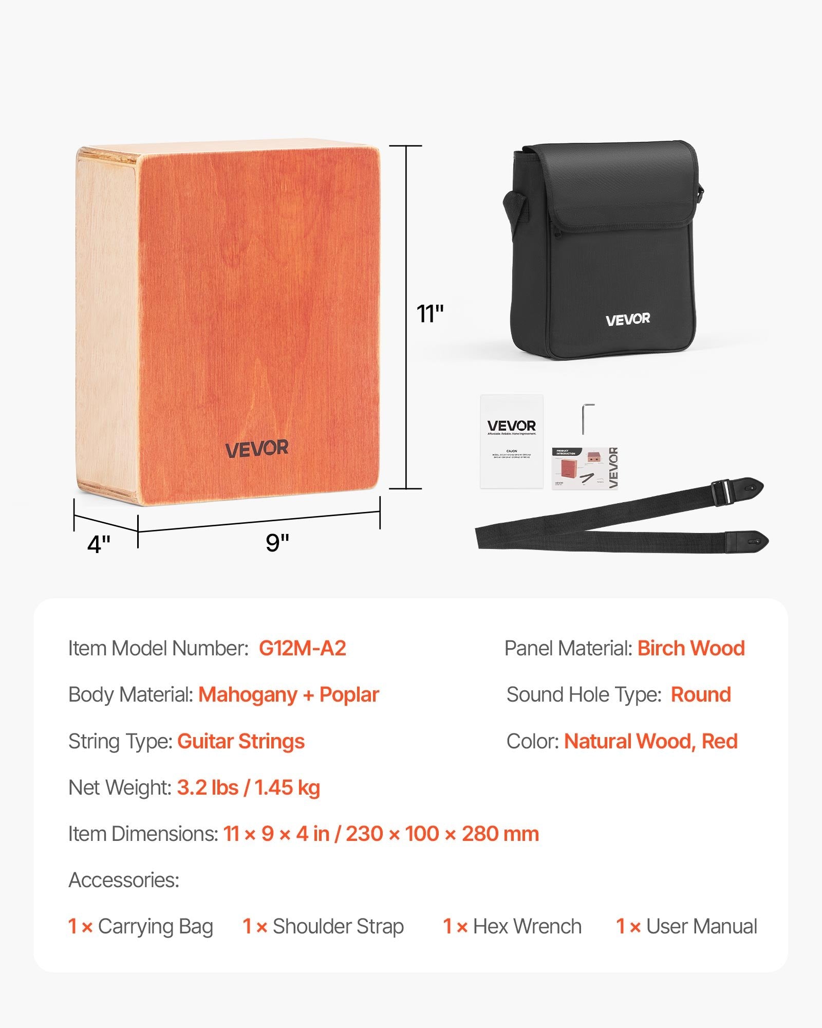Drums: VEVOR Cajon Box Drum, with Internal Guitar Strings, Lightweight Wooden Percussion Box, Portable Birch Wood Drum with Travel Bag, Adjustable Strap, for Beginners and Professionals, 230 x 100 x 280 mm