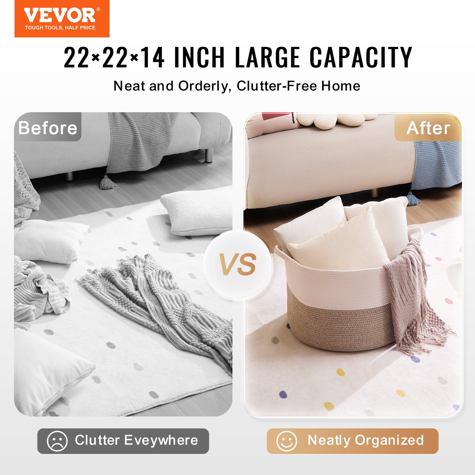 Blankets & Throws: VEVOR Cotton Rope Storage Basket 87L Woven Blanket Basket 20 x 20 x 14 in