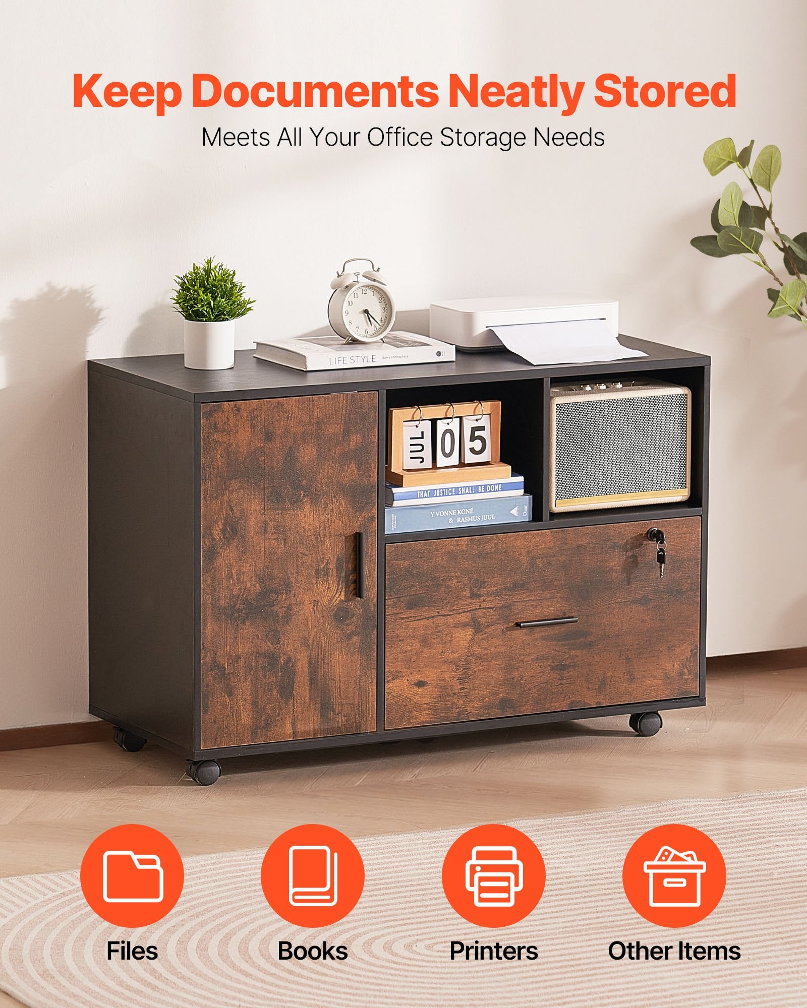 Filing & Organisation: VEVOR Wood File Cabinet Lockable Mobile Filing Cabinet Open Shelves Rustic Brown