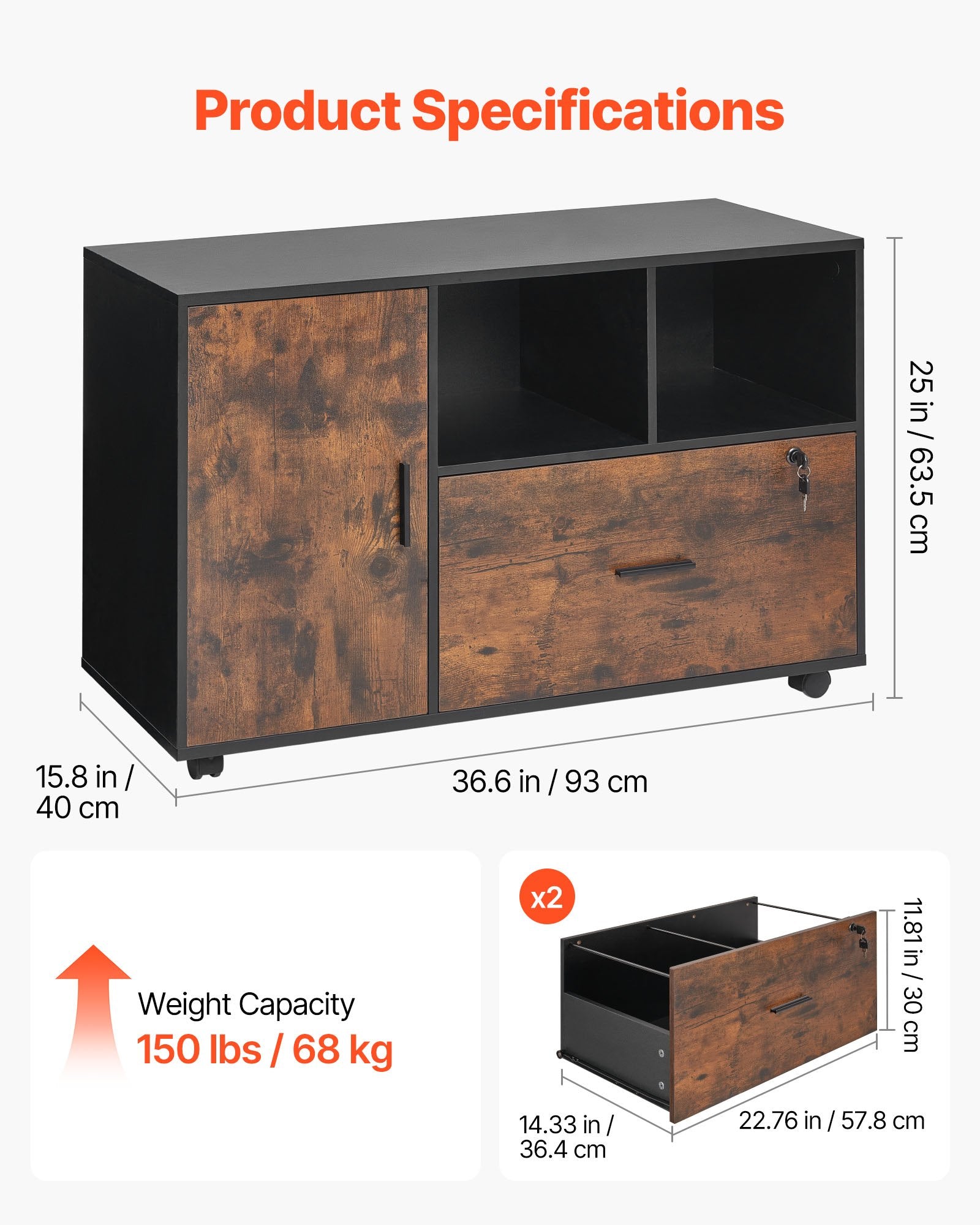 Filing & Organisation: VEVOR Wood File Cabinet Lockable Mobile Filing Cabinet Open Shelves Rustic Brown