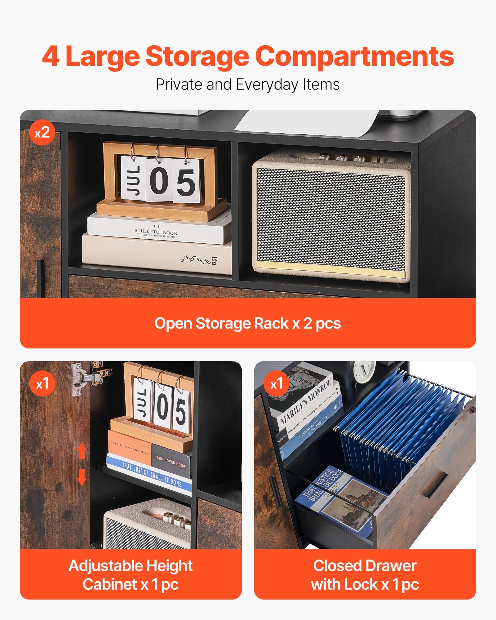 Filing & Organisation: VEVOR Wood File Cabinet Lockable Mobile Filing Cabinet Open Shelves Rustic Brown