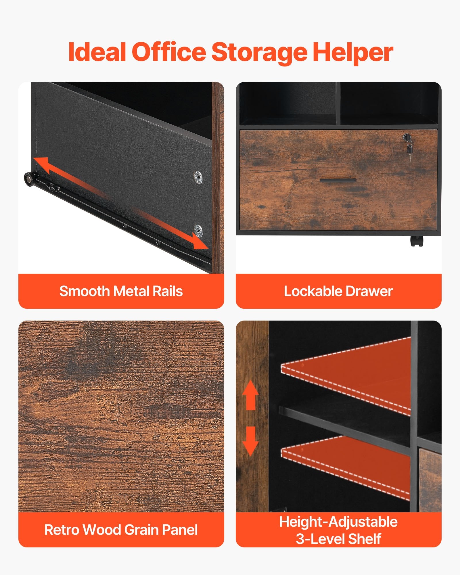 Filing & Organisation: VEVOR Wood File Cabinet Lockable Mobile Filing Cabinet Open Shelves Rustic Brown