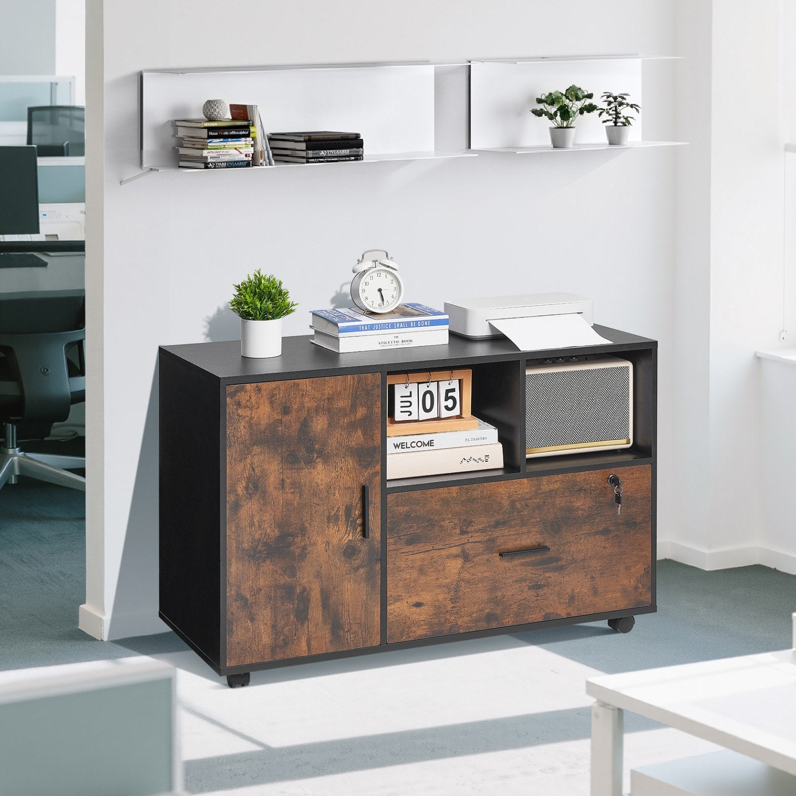 Filing & Organisation: VEVOR Wood File Cabinet Lockable Mobile Filing Cabinet Open Shelves Rustic Brown