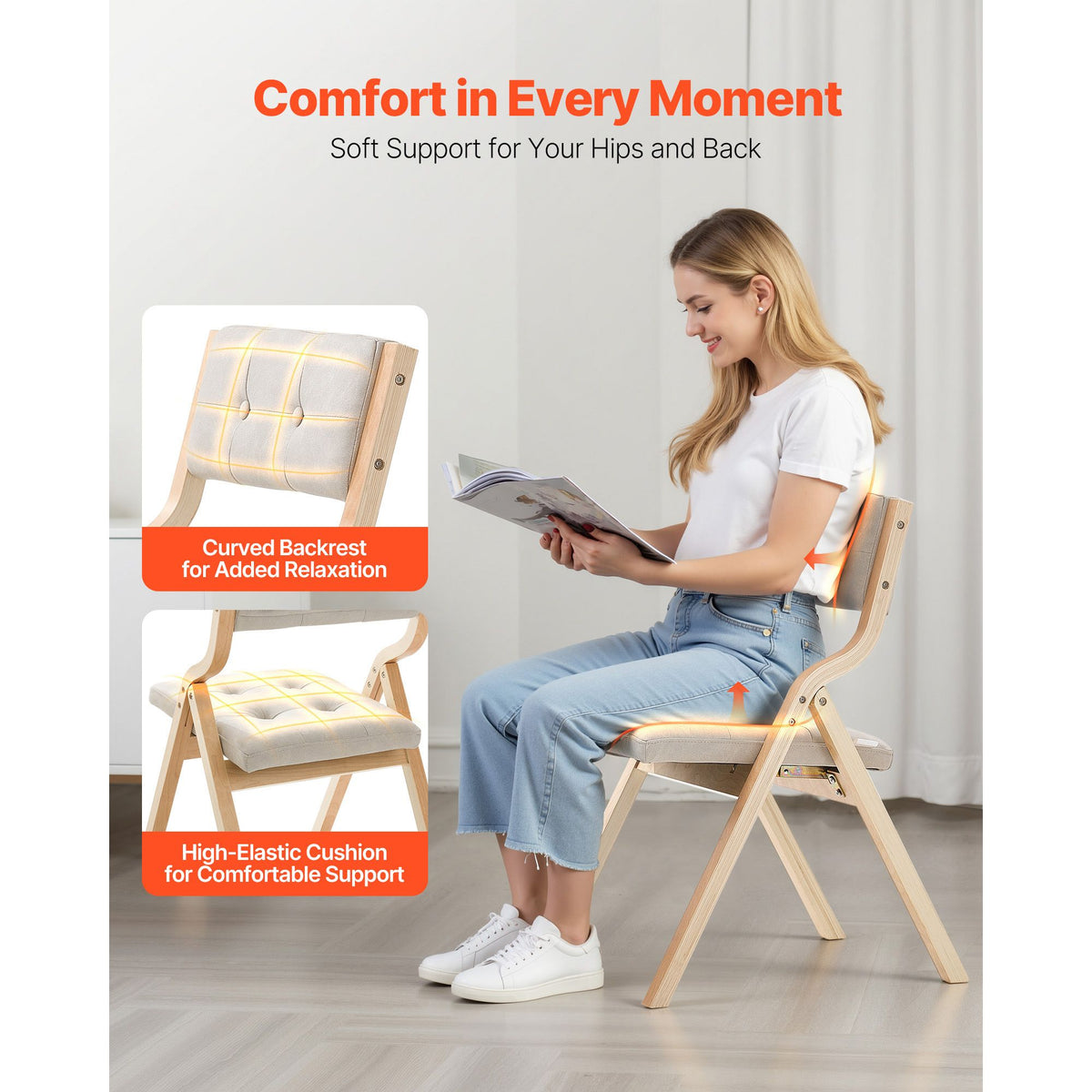Wooden Folding Chairs with Cushion, Set of 2, Portable Foldable Cushion Chair with Wooden Frame, Modern Padded Dining Chair for Kitchen, Office, Wedding, Party, Dining Room, Easy Assembly, Beige