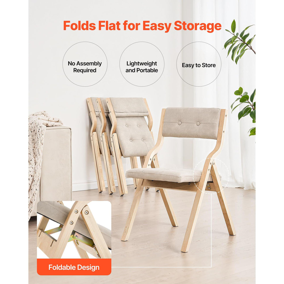 Wooden Folding Chairs with Cushion, Set of 2, Portable Foldable Cushion Chair with Wooden Frame, Modern Padded Dining Chair for Kitchen, Office, Wedding, Party, Dining Room, Easy Assembly, Beige