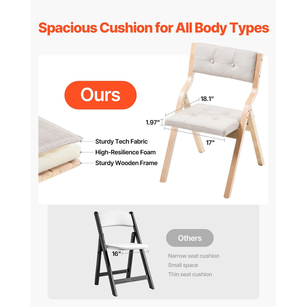 Wooden Folding Chairs with Cushion, Set of 2, Portable Foldable Cushion Chair with Wooden Frame, Modern Padded Dining Chair for Kitchen, Office, Wedding, Party, Dining Room, Easy Assembly, Beige