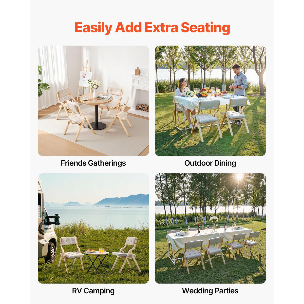 Wooden Folding Chairs with Cushion, Set of 2, Portable Foldable Cushion Chair with Wooden Frame, Modern Padded Dining Chair for Kitchen, Office, Wedding, Party, Dining Room, Easy Assembly, Beige
