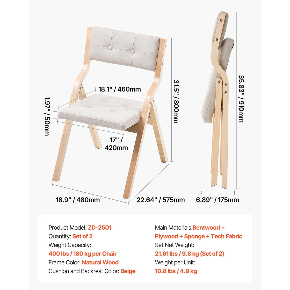 Wooden Folding Chairs with Cushion, Set of 2, Portable Foldable Cushion Chair with Wooden Frame, Modern Padded Dining Chair for Kitchen, Office, Wedding, Party, Dining Room, Easy Assembly, Beige