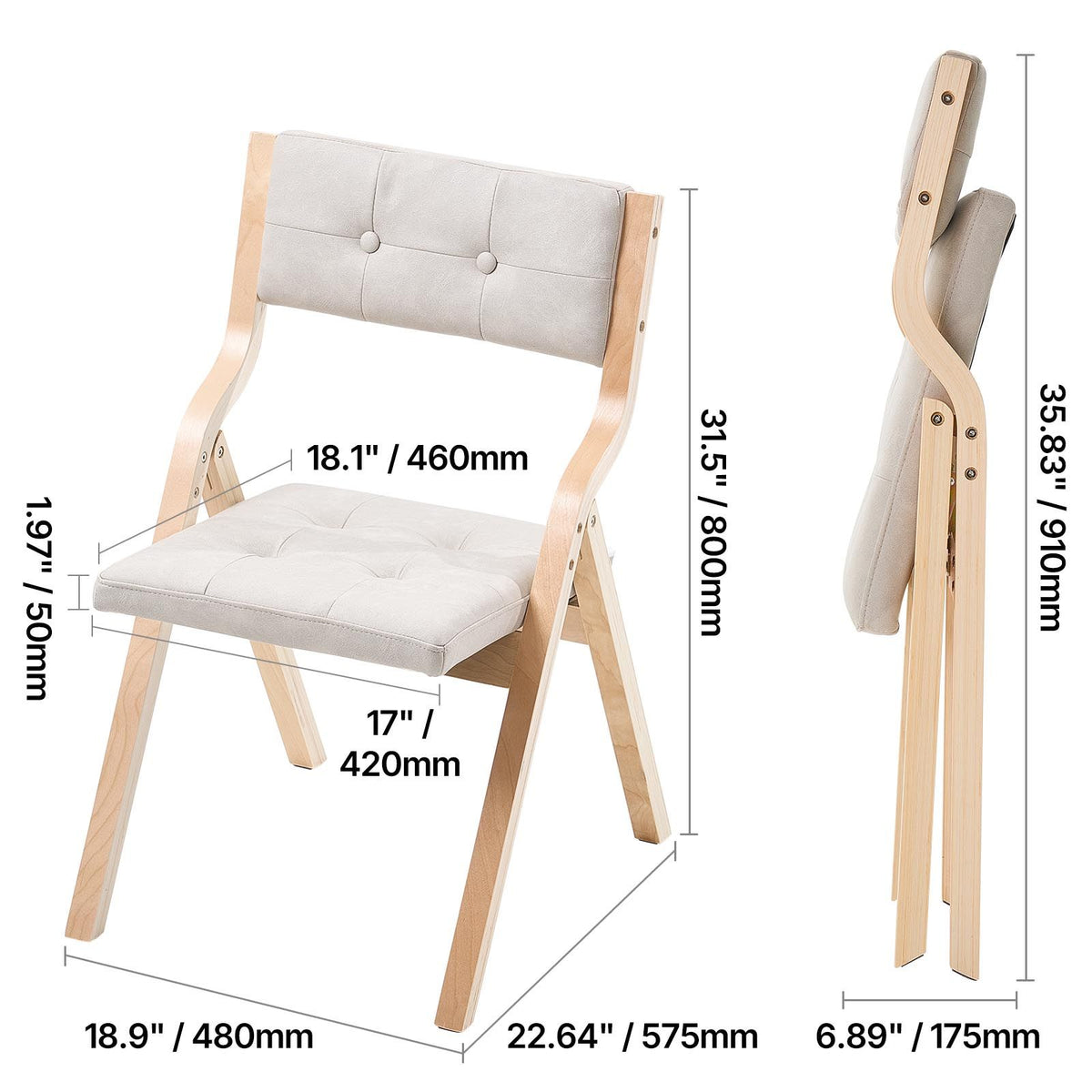 Wooden Folding Chairs with Cushion, Set of 2, Portable Foldable Cushion Chair with Wooden Frame, Modern Padded Dining Chair for Kitchen, Office, Wedding, Party, Dining Room, Easy Assembly, Beige