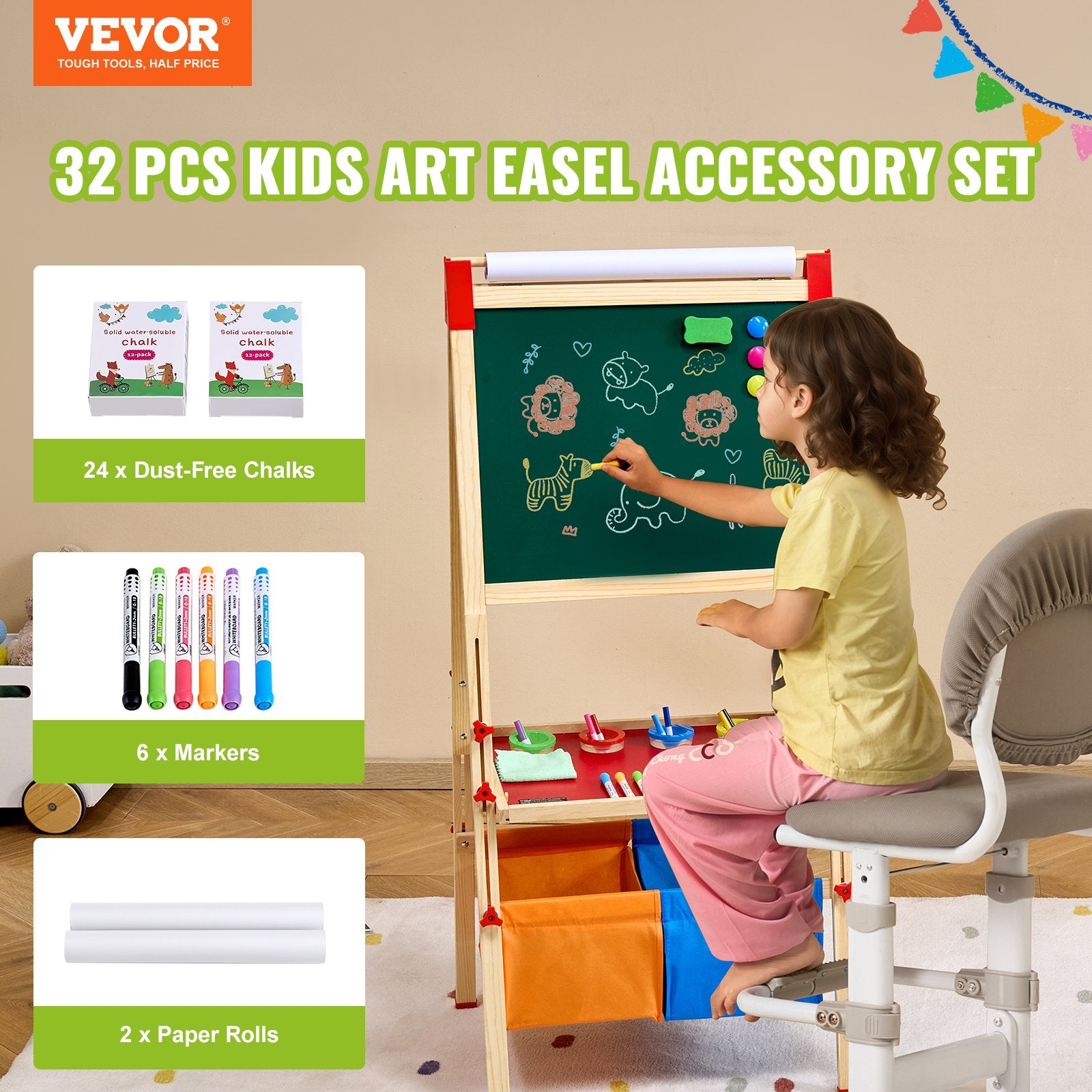 Hand Tools: VEVOR Easel Accessory Set Chalk & Markers & Paper Rolls 32PCS for Standing Easel