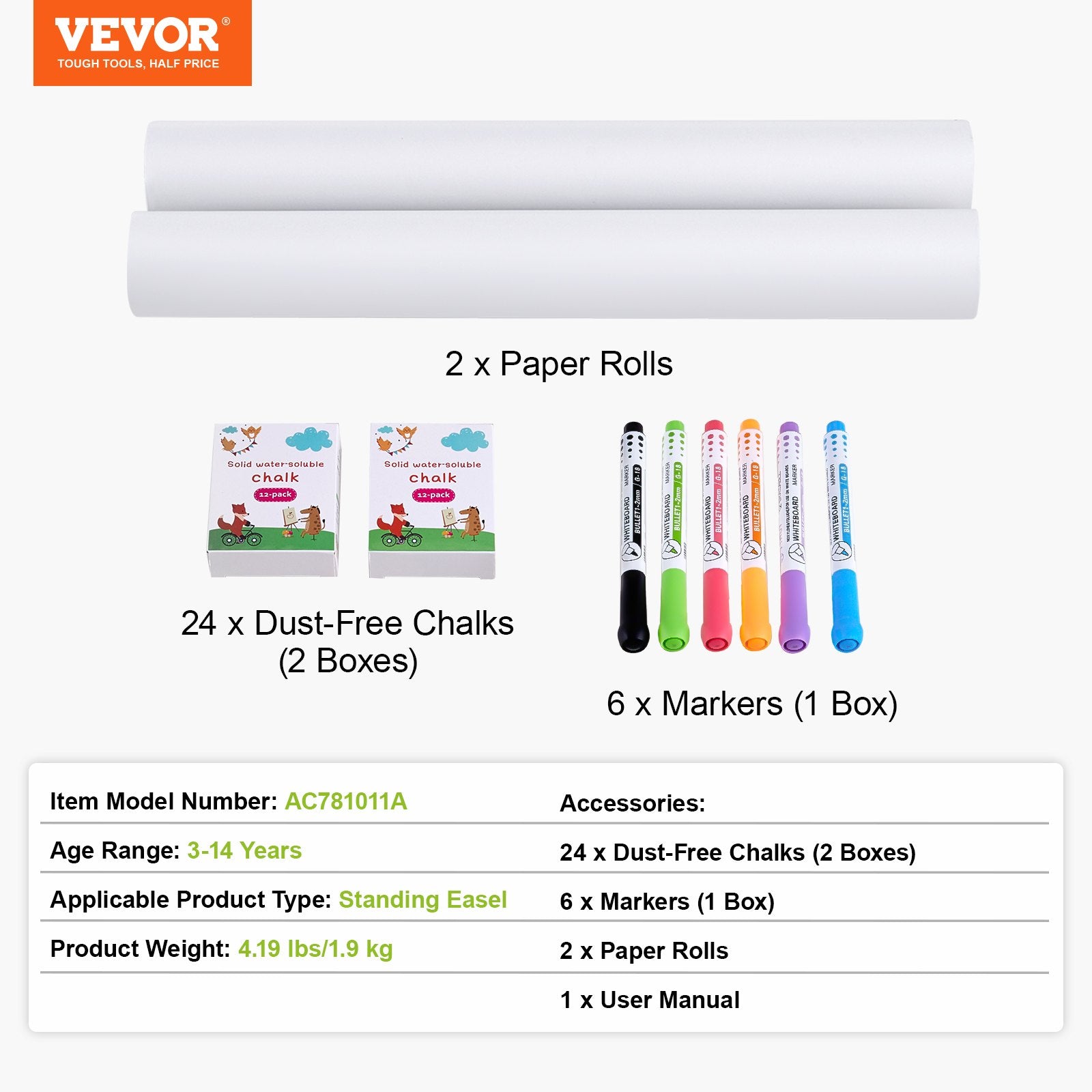 Hand Tools: VEVOR Easel Accessory Set Chalk & Markers & Paper Rolls 32PCS for Standing Easel