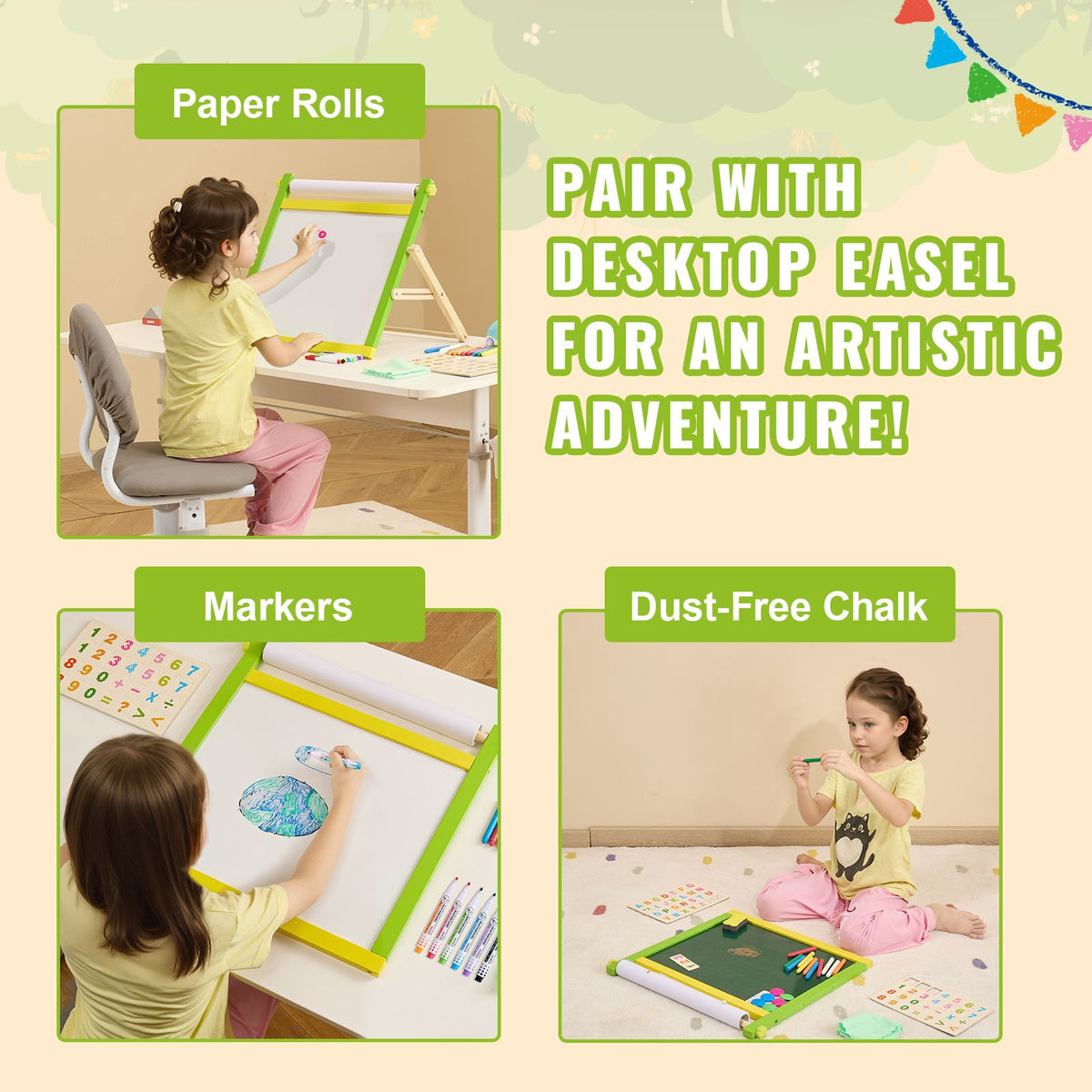 Easel Accessory Set, 32 PCS Kid's Art Easel Painting Kit Including Chalks, Dry-Erase Markers & Paper Rolls, Supplies Set for Tabletop Art Easel, Painting Accessories for Toddlers Boys and Girls