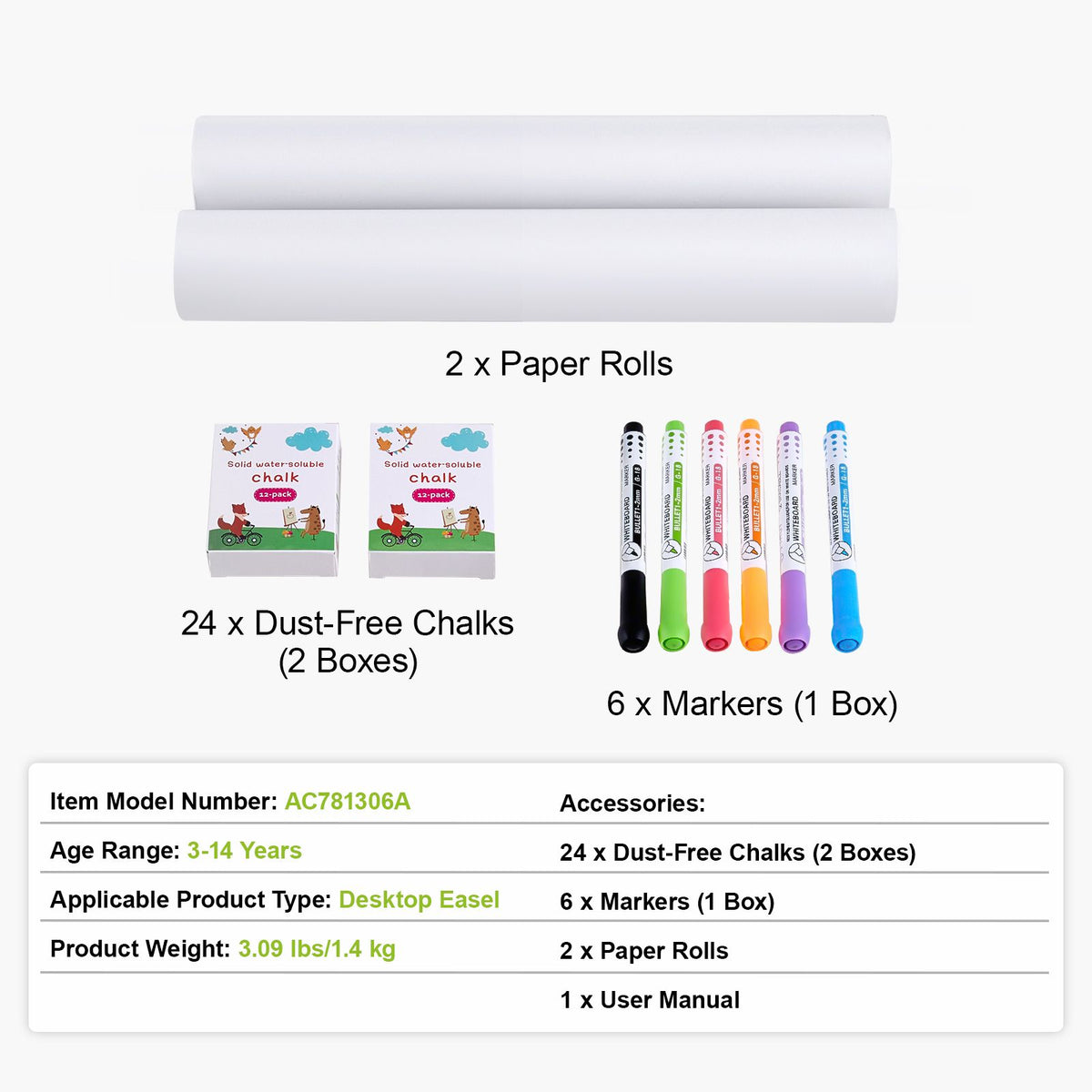 Easel Accessory Set, 32 PCS Kid's Art Easel Painting Kit Including Chalks, Dry-Erase Markers & Paper Rolls, Supplies Set for Tabletop Art Easel, Painting Accessories for Toddlers Boys and Girls