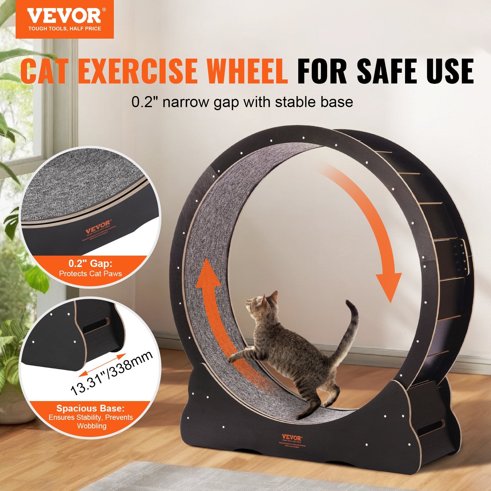 Wooden Cat Exercise Wheel, 43.3" Large Cat Treadmill Wheel for Indoor Cats, Cat Running Wheel with Detachable Carpet & Cat Teaser for Running/Walking/Training, Suitable for Most Cats