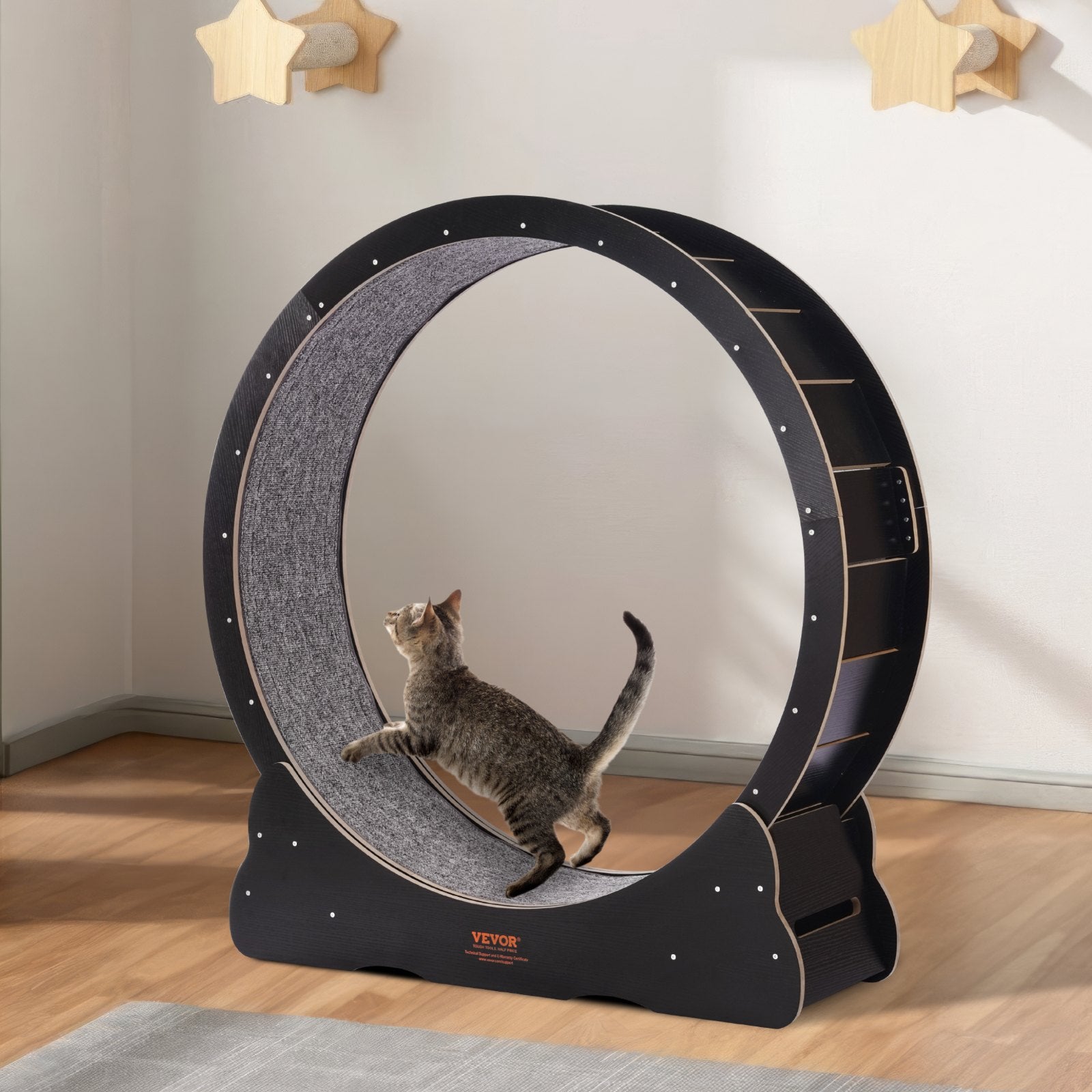 Wooden Cat Exercise Wheel, 43.3" Large Cat Treadmill Wheel for Indoor Cats, Cat Running Wheel with Detachable Carpet & Cat Teaser for Running/Walking/Training, Suitable for Most Cats