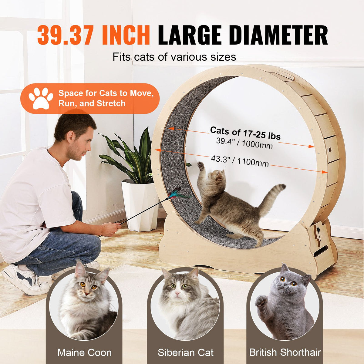 Wooden Cat Exercise Wheel, 43.3" Large Cat Treadmill Wheel for Indoor Cats, Cat Running Wheel with Detachable Carpet & Cat Teaser for Running/Walking/Training, Suitable for Most Cats Yellow