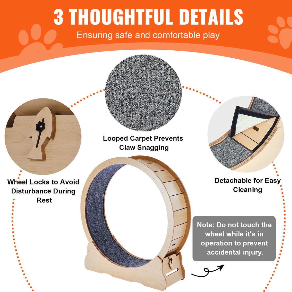 Wooden Cat Exercise Wheel, 43.3" Large Cat Treadmill Wheel for Indoor Cats, Cat Running Wheel with Detachable Carpet & Cat Teaser for Running/Walking/Training, Suitable for Most Cats Yellow