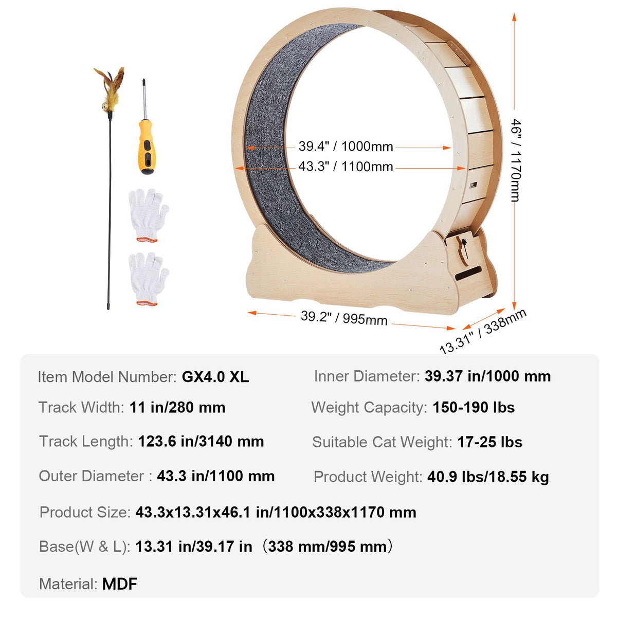 Wooden Cat Exercise Wheel, 43.3" Large Cat Treadmill Wheel for Indoor Cats, Cat Running Wheel with Detachable Carpet & Cat Teaser for Running/Walking/Training, Suitable for Most Cats Yellow