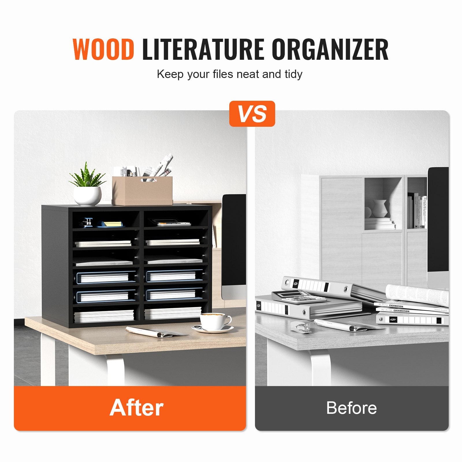 Bookcases & Shelves: VEVOR Wood Literature Organizer Adjustable File Sorter 12 Compartments Black