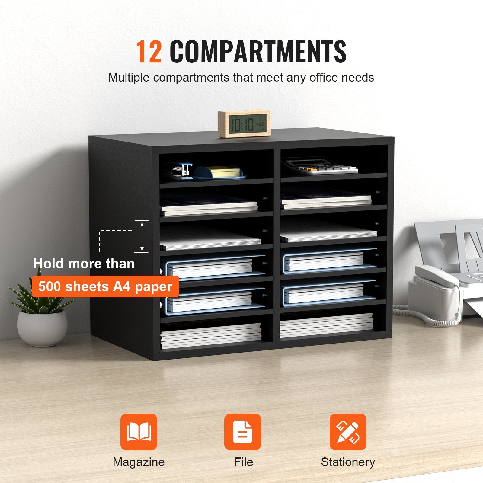 Bookcases & Shelves: VEVOR Wood Literature Organizer Adjustable File Sorter 12 Compartments Black