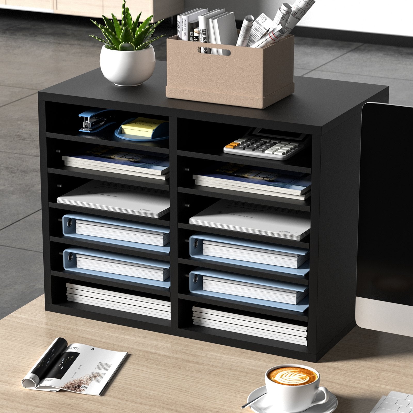 Bookcases & Shelves: VEVOR Wood Literature Organizer Adjustable File Sorter 12 Compartments Black